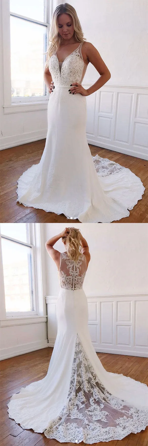 White v neck lace mermaid long prom dress white formal dress