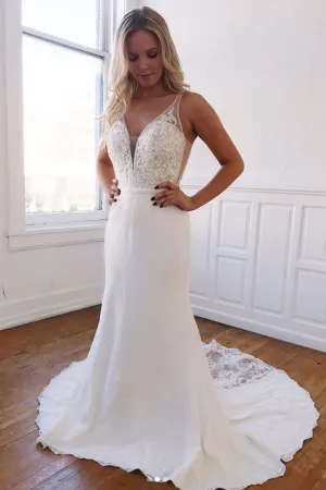 White v neck lace mermaid long prom dress white formal dress