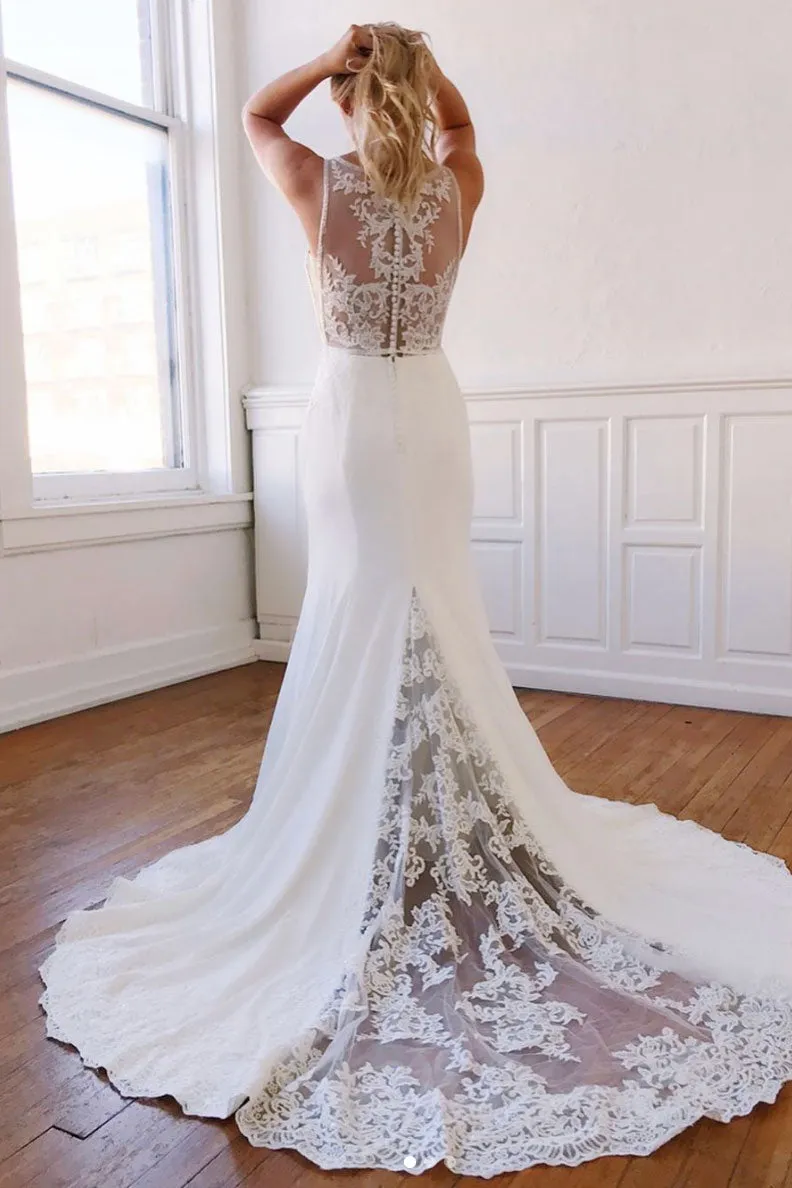 White v neck lace mermaid long prom dress white formal dress