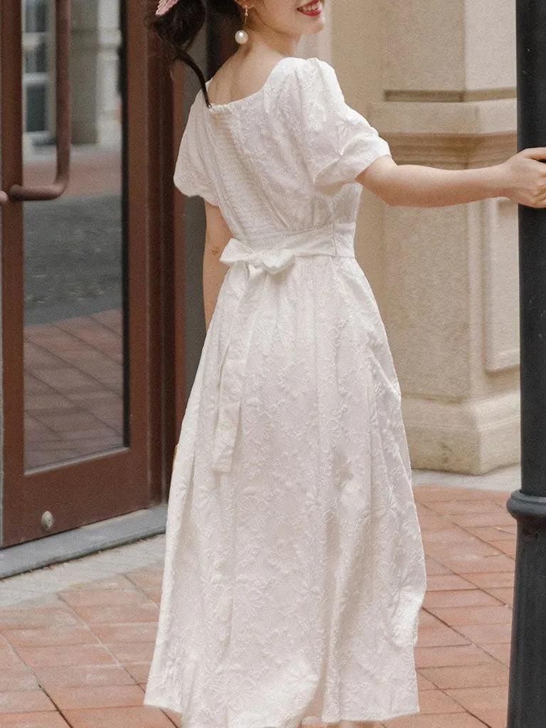 White Wavy V-Neck Embroidered Fairy Dress
