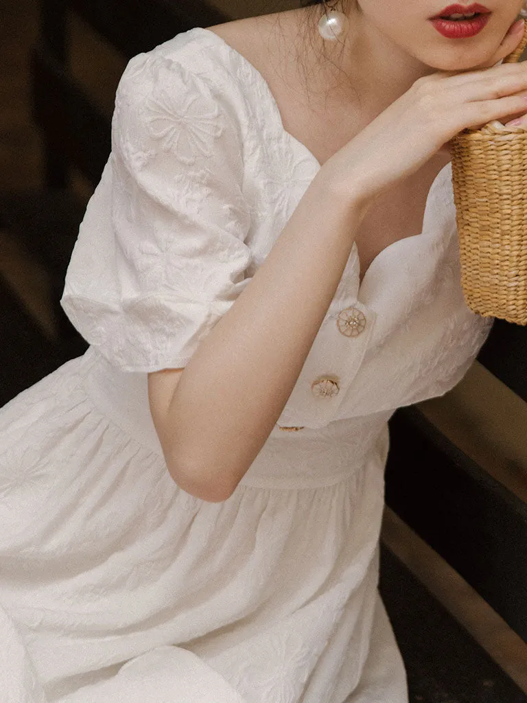 White Wavy V-Neck Embroidered Fairy Dress