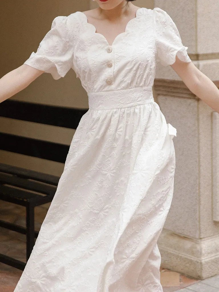 White Wavy V-Neck Embroidered Fairy Dress