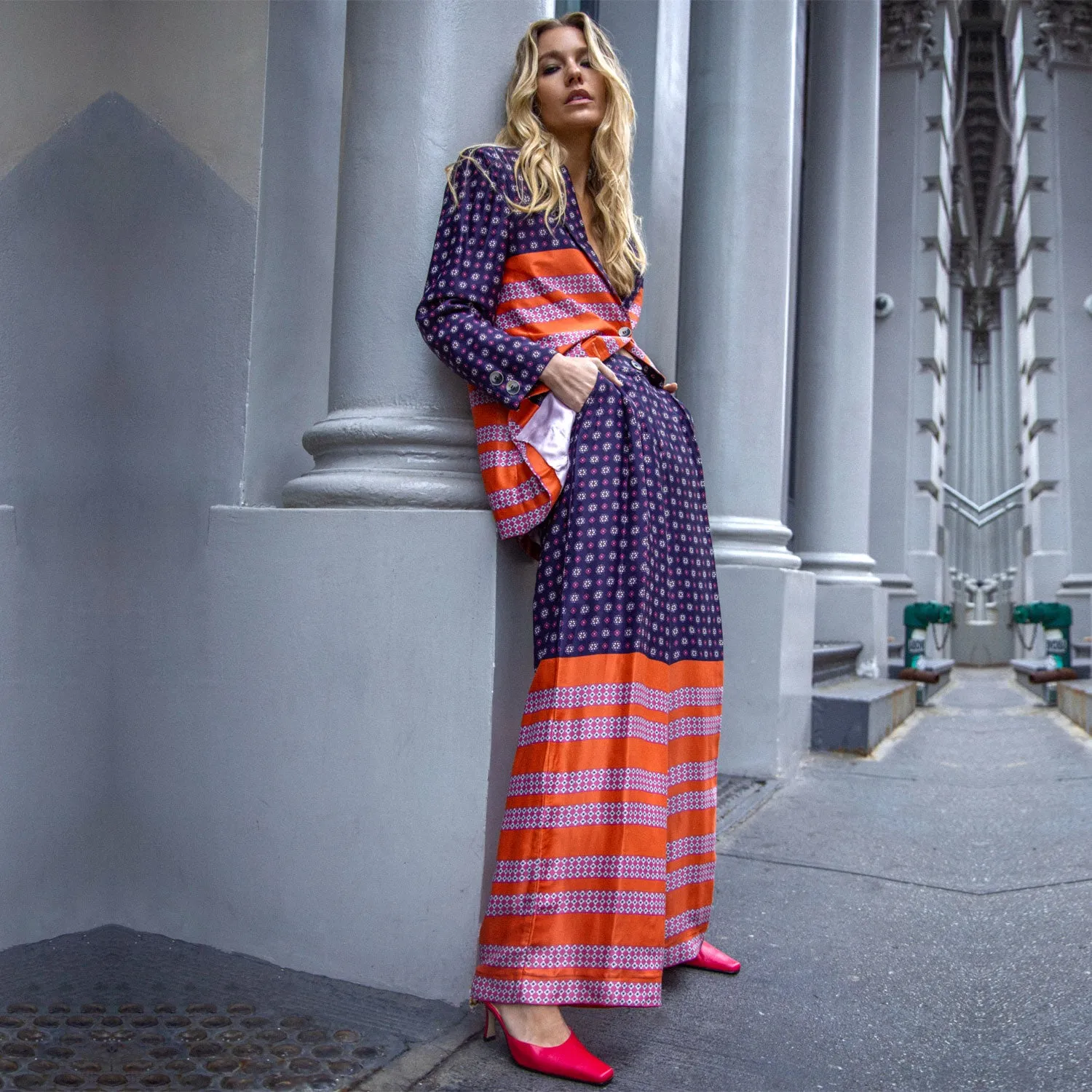Wide-Leg Pants in Orange & Blue Satin