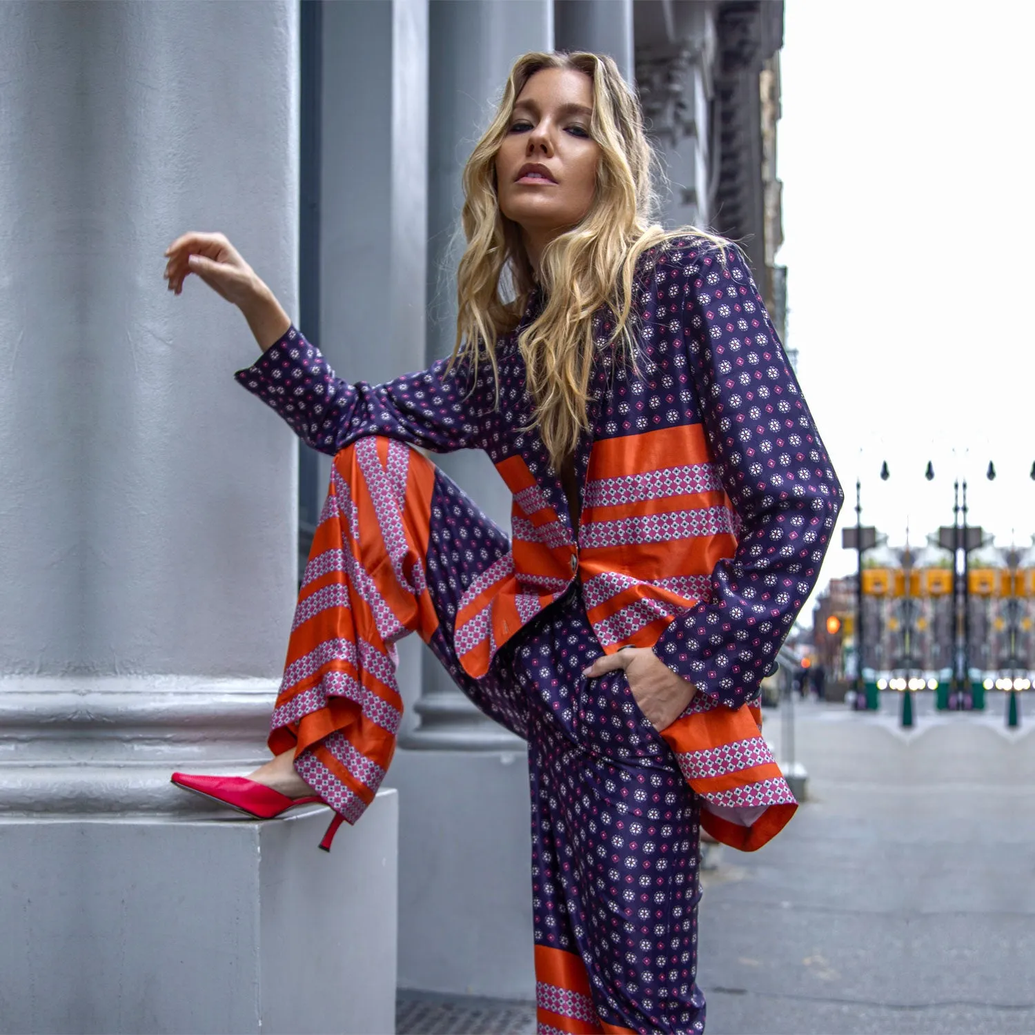 Wide-Leg Pants in Orange & Blue Satin