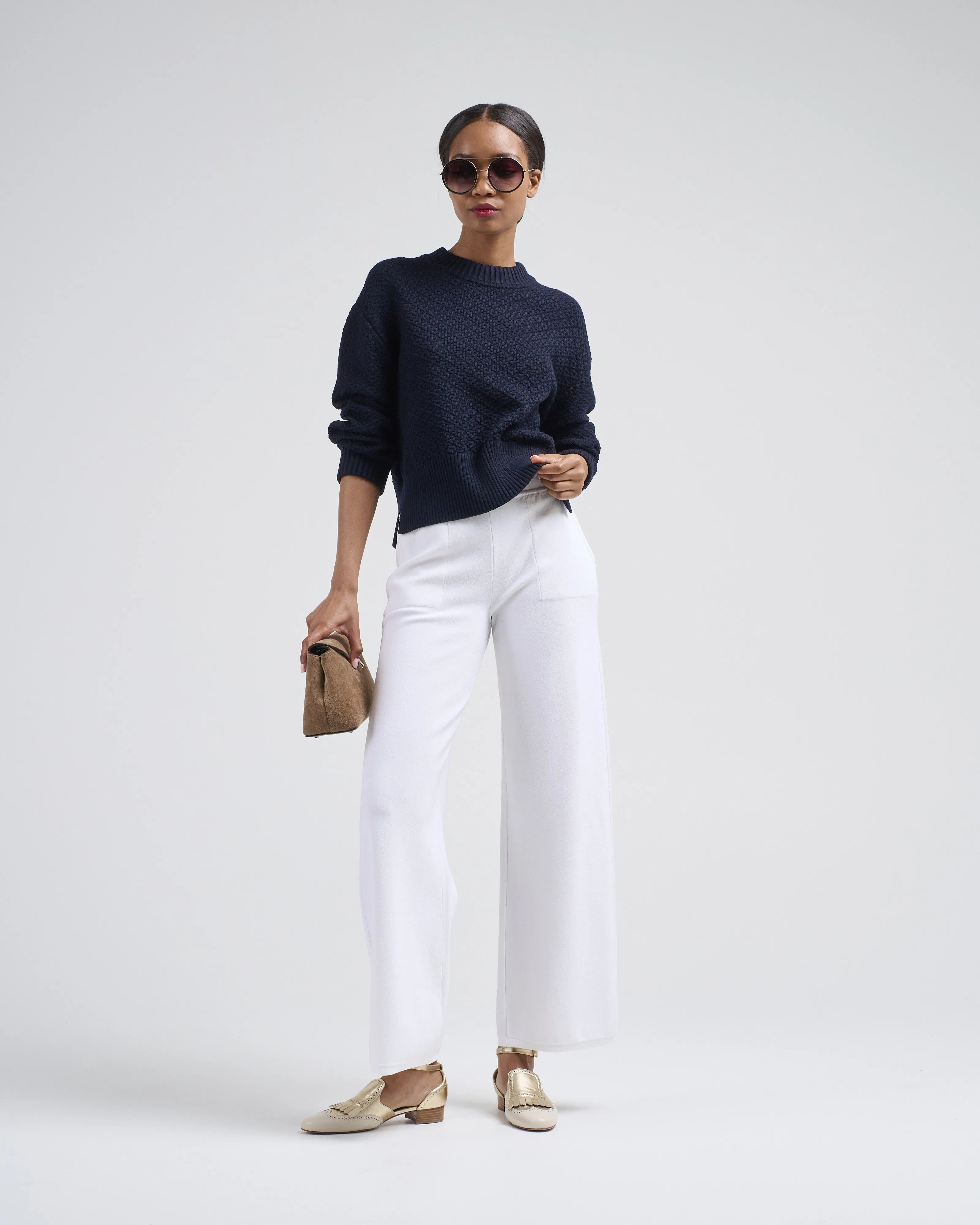 wide pants in couture knit