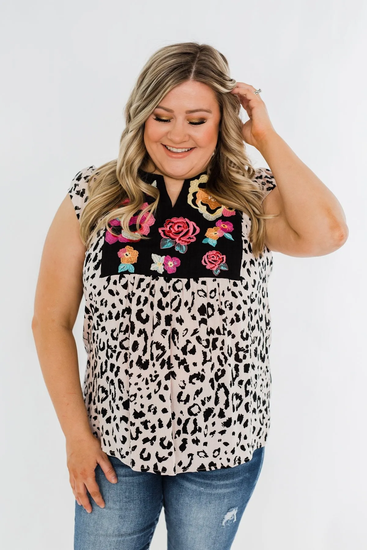 Wild Blooms Embroider & Leopard Top- Black & Pink