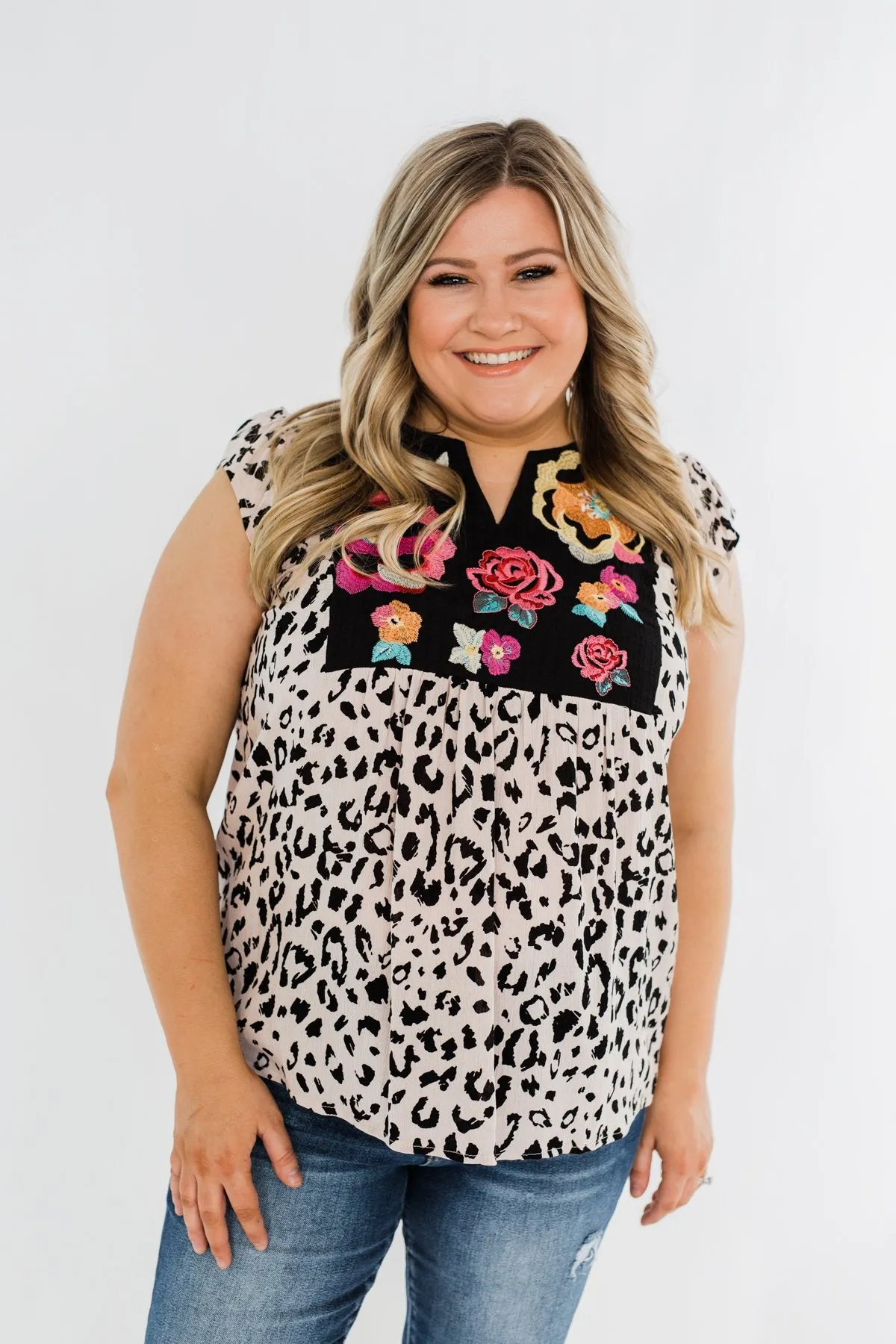 Wild Blooms Embroider & Leopard Top- Black & Pink