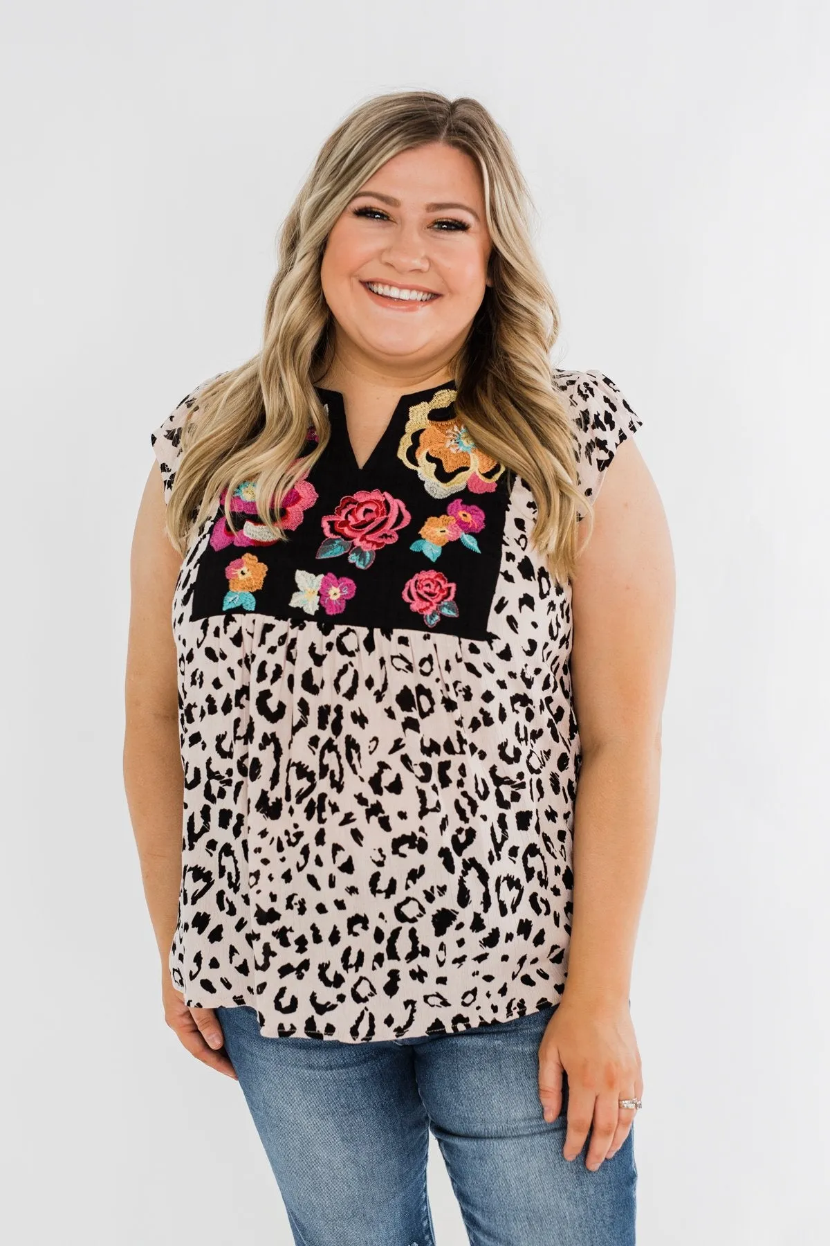 Wild Blooms Embroider & Leopard Top- Black & Pink