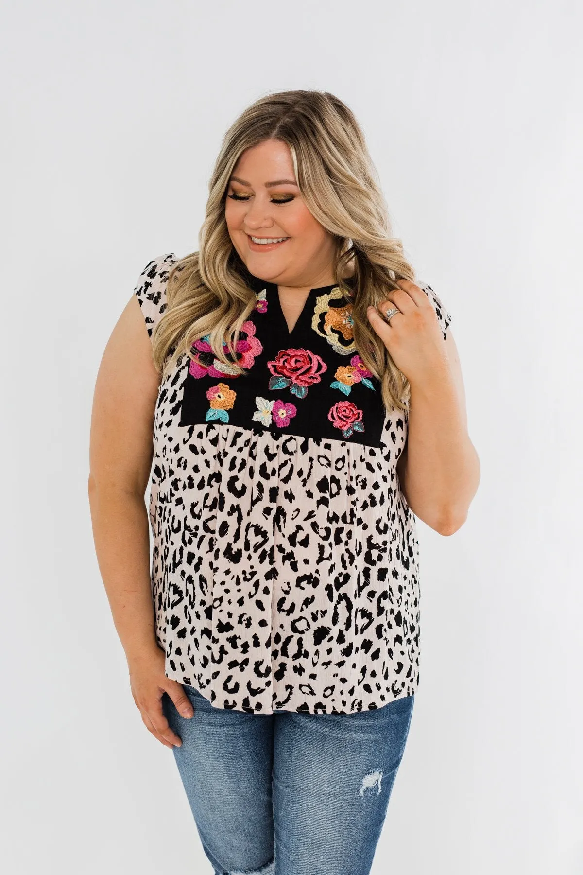 Wild Blooms Embroider & Leopard Top- Black & Pink