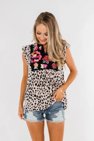 Wild Blooms Embroider & Leopard Top- Black & Pink
