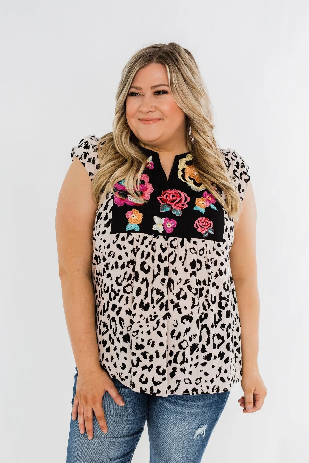 Wild Blooms Embroider & Leopard Top- Black & Pink