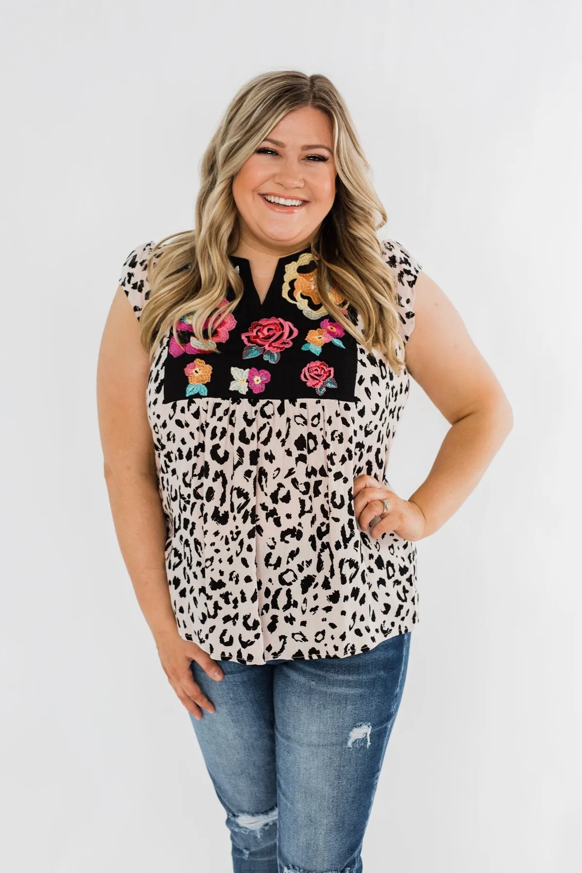 Wild Blooms Embroider & Leopard Top- Black & Pink