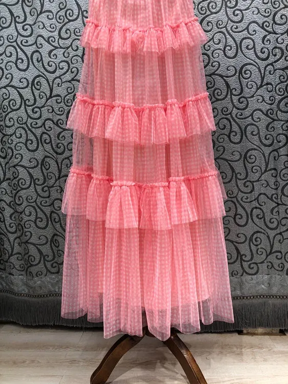 Women Geometric Print Cascading Ruffle Lace Patchwork Dress