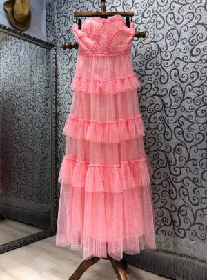 Women Geometric Print Cascading Ruffle Lace Patchwork Dress