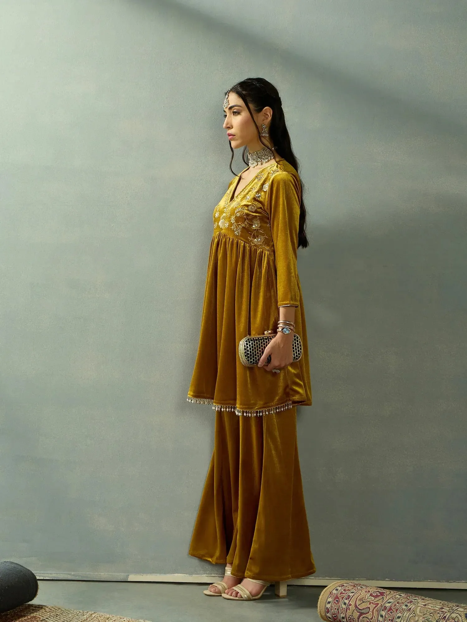 Women Mustard Velvet Embroidered Peplum Top With Palazzos-SHSET96042