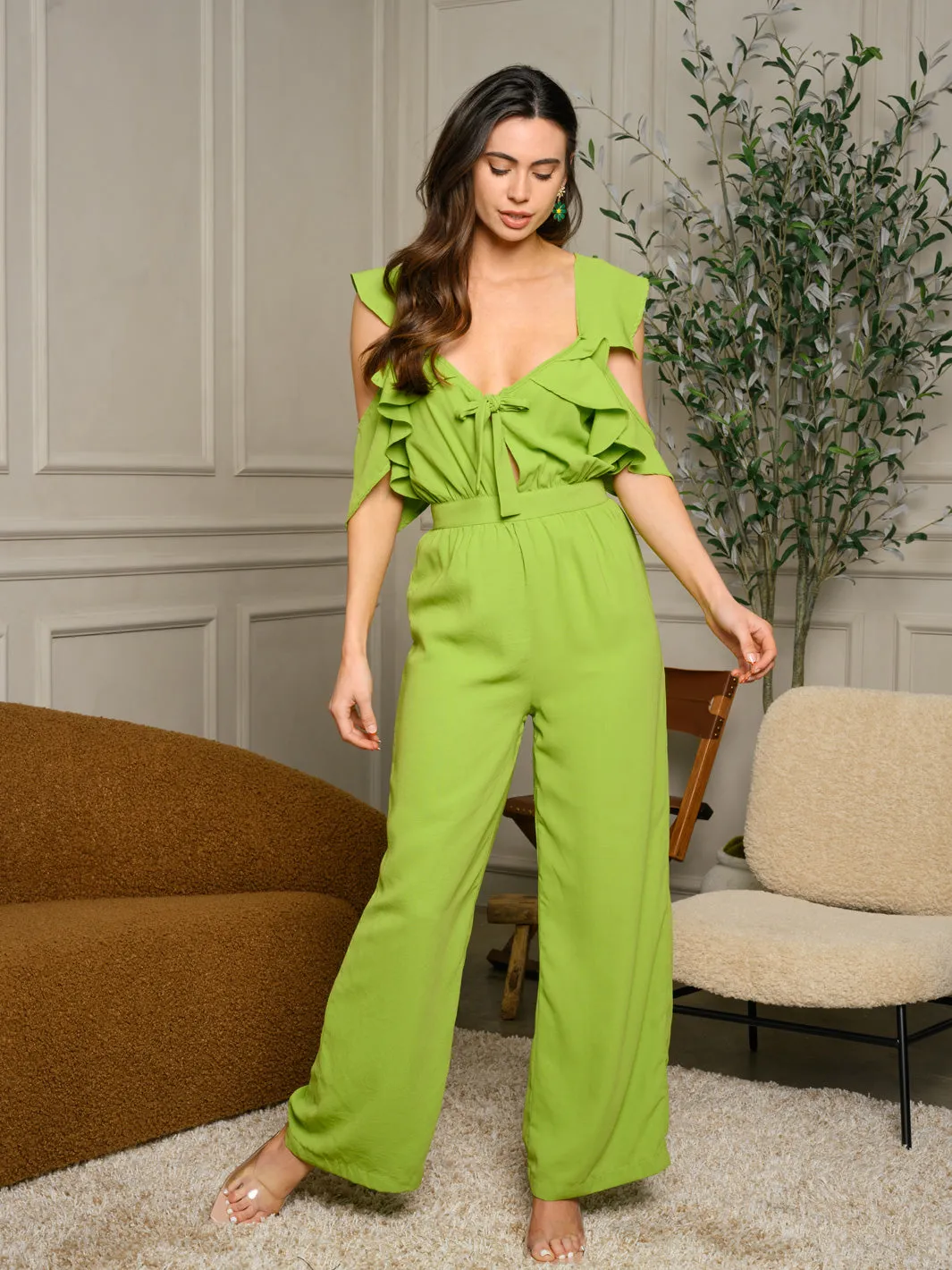 WOMEN'S COLD SHOULDER RUFFLE FRONT TIE JUMPSUIT