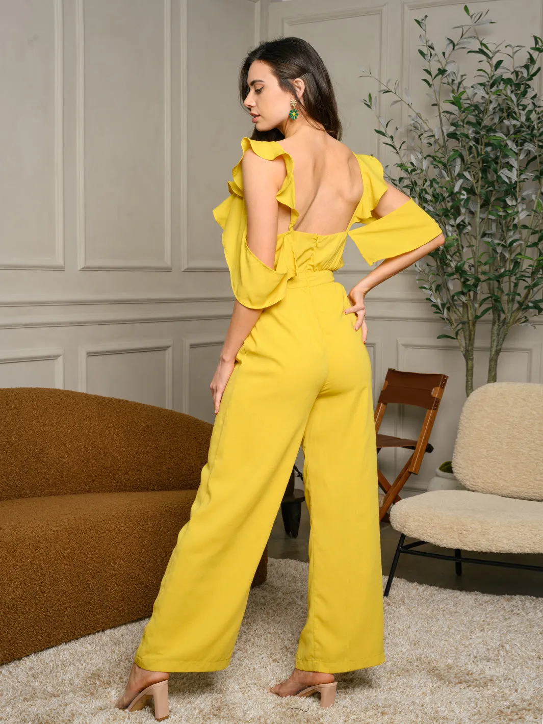 WOMEN'S COLD SHOULDER RUFFLE FRONT TIE JUMPSUIT
