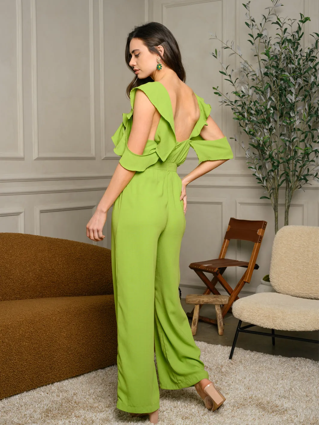 WOMEN'S COLD SHOULDER RUFFLE FRONT TIE JUMPSUIT