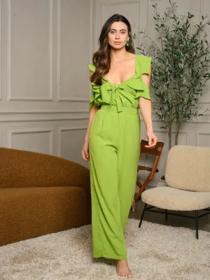 WOMEN'S COLD SHOULDER RUFFLE FRONT TIE JUMPSUIT