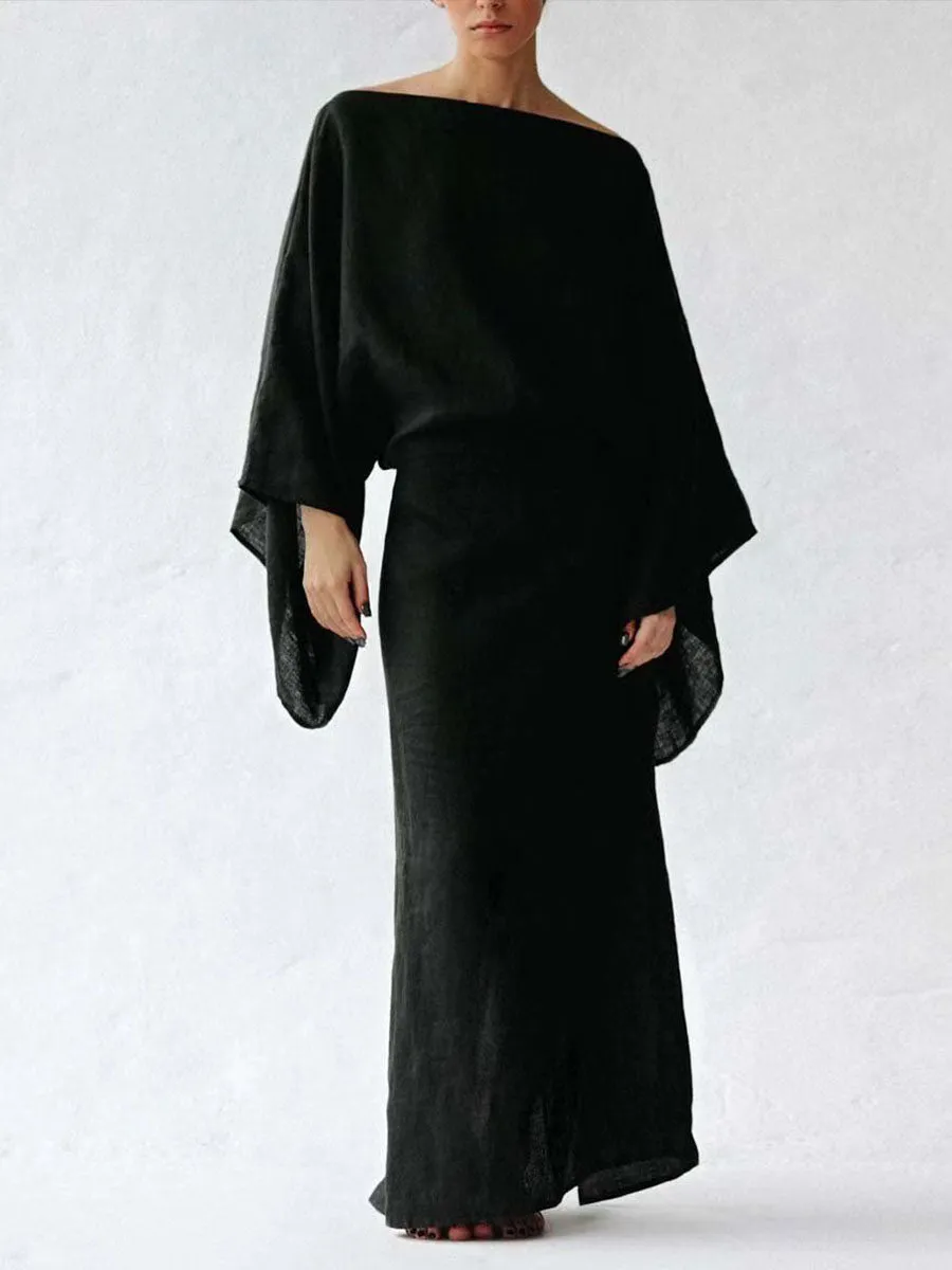 Women's Cotton and Linen One-shoulder Neck Oversized Batwing Sleeve Belt Solid Color Dress