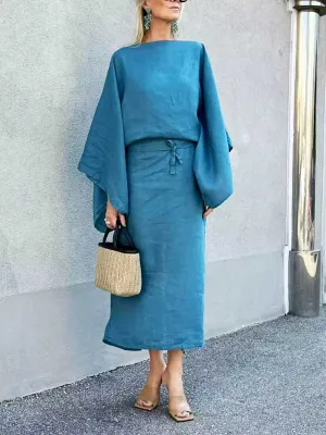 Women's Cotton and Linen One-shoulder Neck Oversized Batwing Sleeve Belt Solid Color Dress