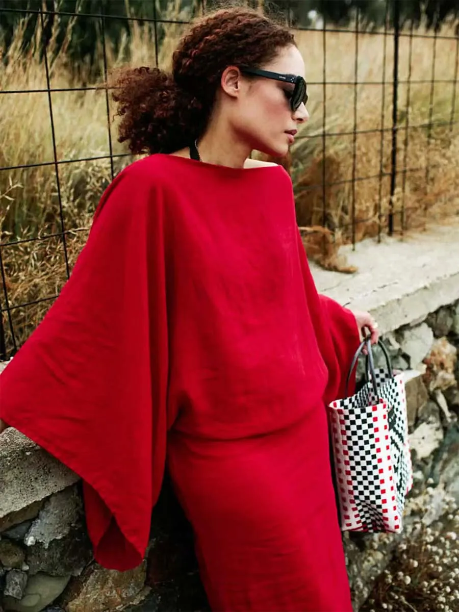 Women's Cotton and Linen One-shoulder Neck Oversized Batwing Sleeve Belt Solid Color Dress