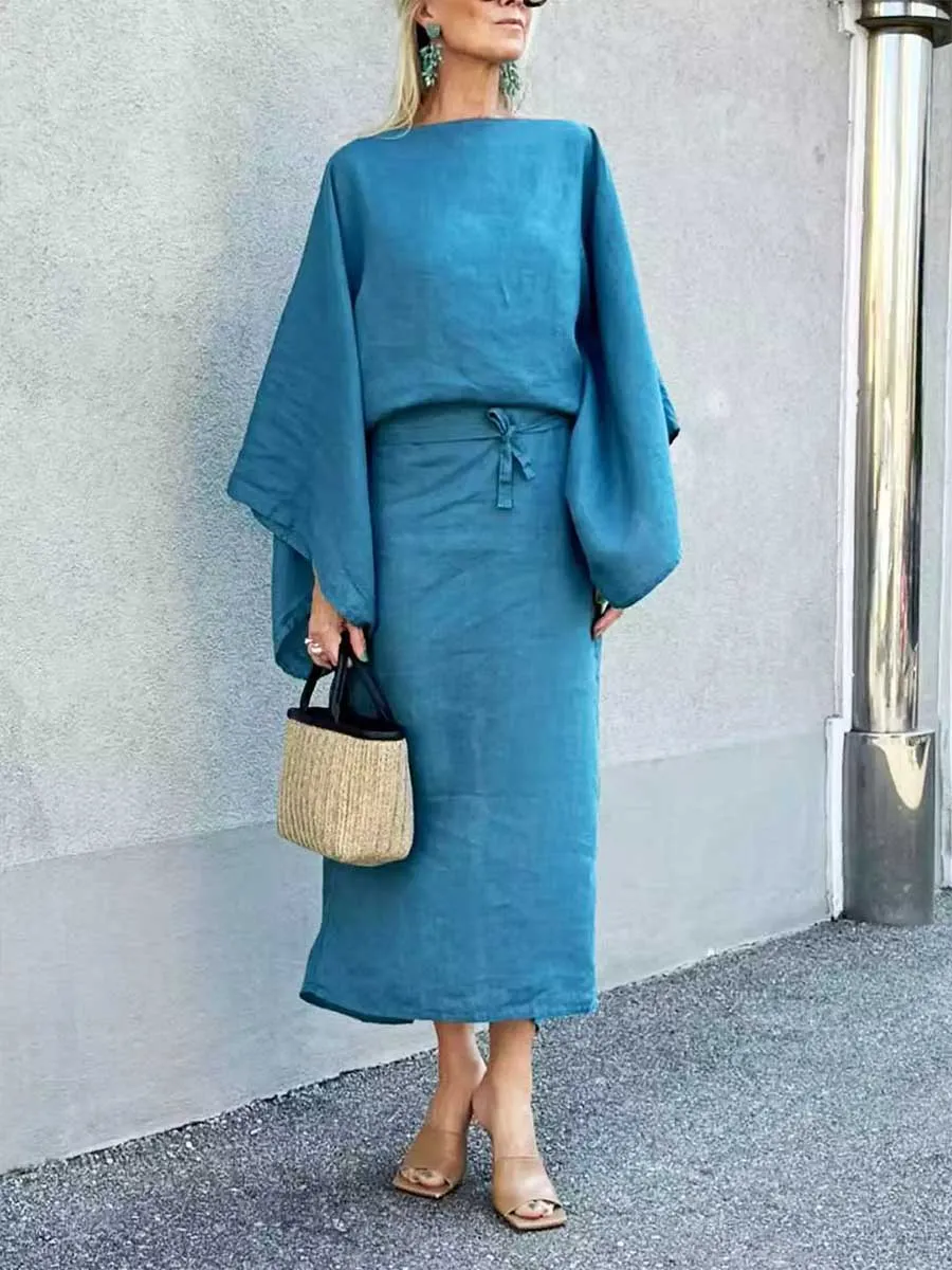 Women's Cotton and Linen One-shoulder Neck Oversized Batwing Sleeve Belt Solid Color Dress