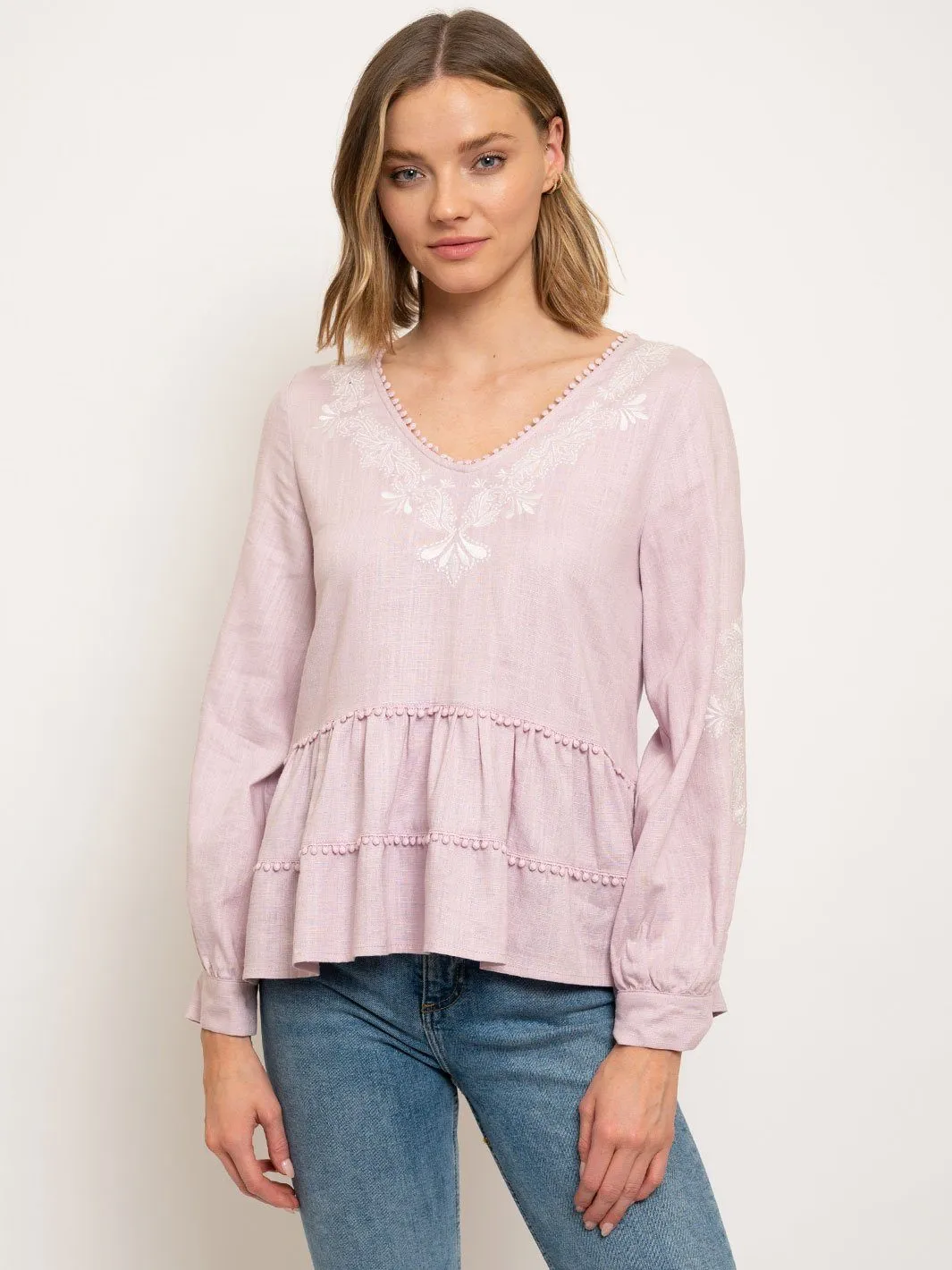 WOMEN'S EMBROIDERED V-NECK PEPLUM TOP