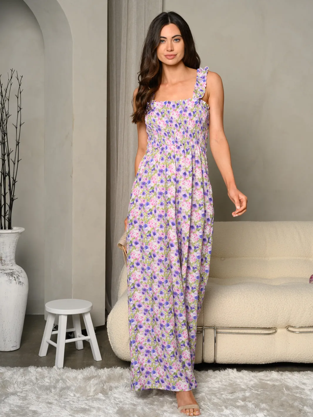 WOMEN'S FLORAL PRINT SQUARE NECK LINEN BLEND WIDE LEG JUMPSUIT