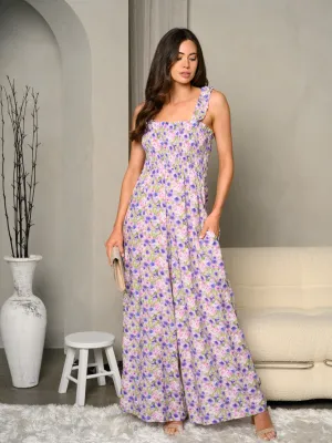 WOMEN'S FLORAL PRINT SQUARE NECK LINEN BLEND WIDE LEG JUMPSUIT