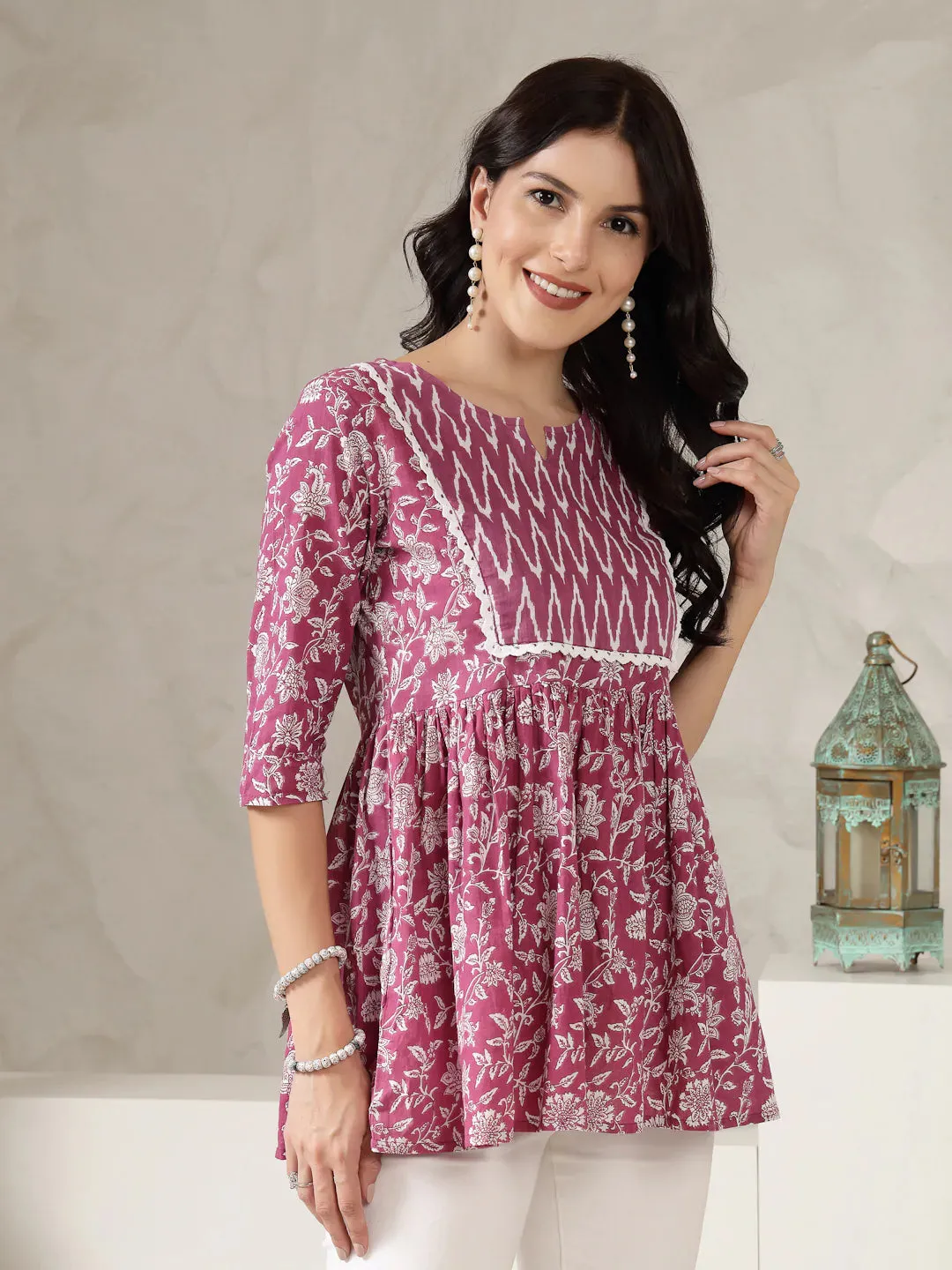 Women's Floral Printed Cotton Peplum Top-TOPPURPLEHAZEL