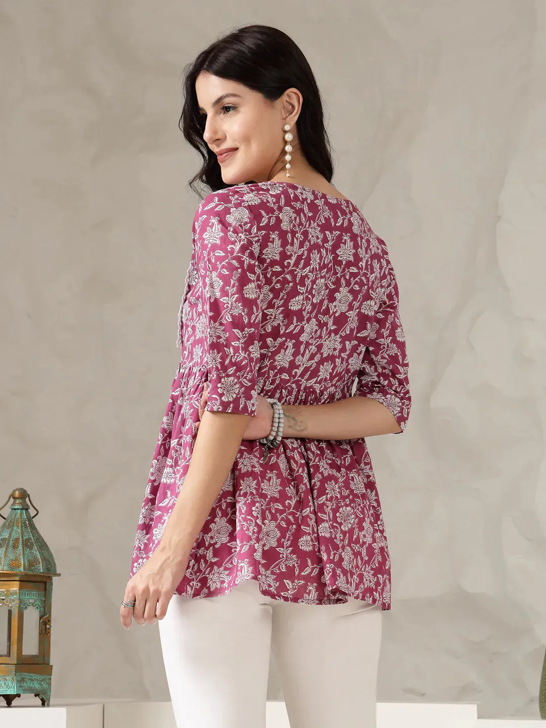 Women's Floral Printed Cotton Peplum Top-TOPPURPLEHAZEL