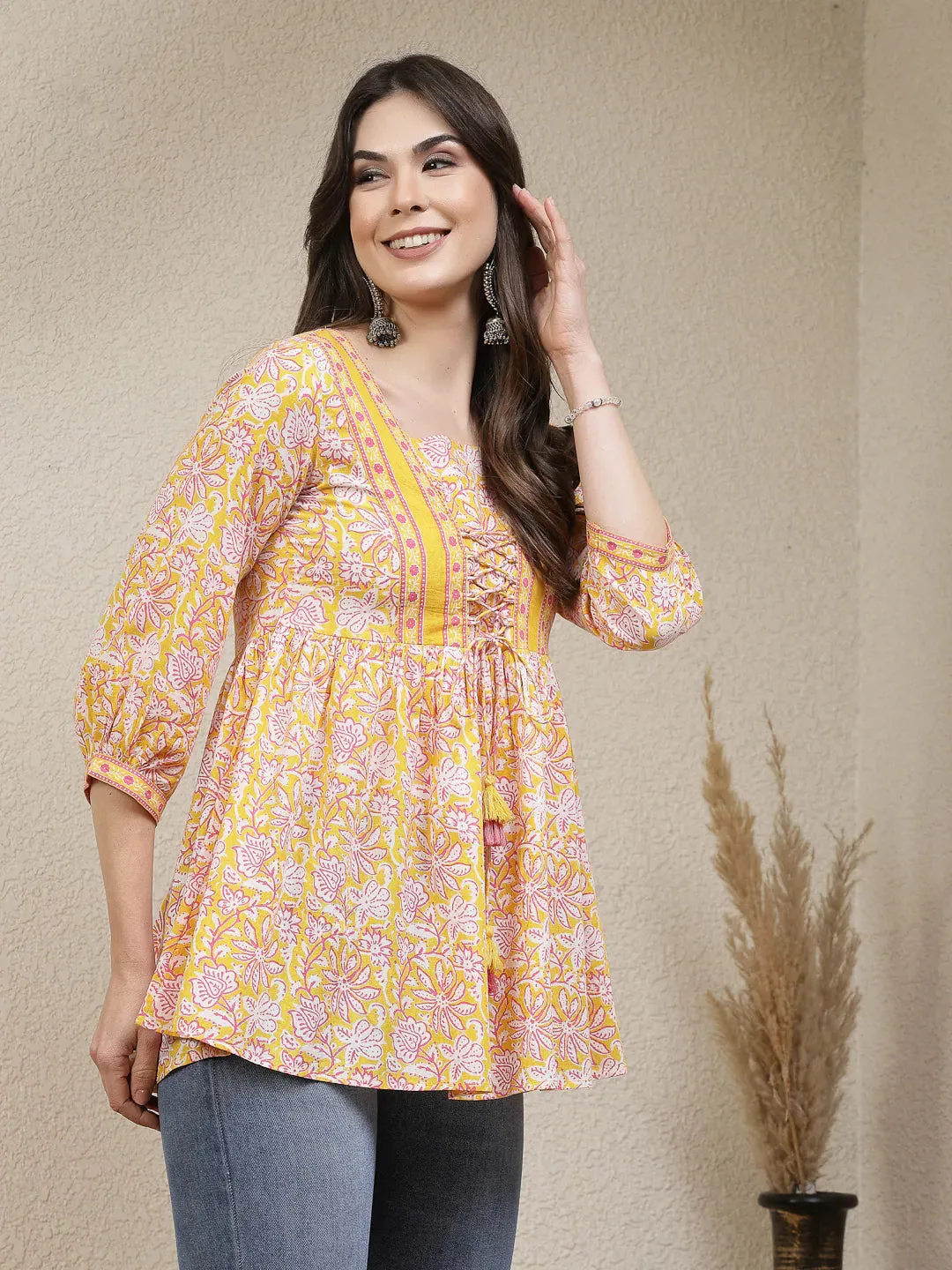 Women's Floral Printed Cotton Peplum Top-TOPYELLOWADITI