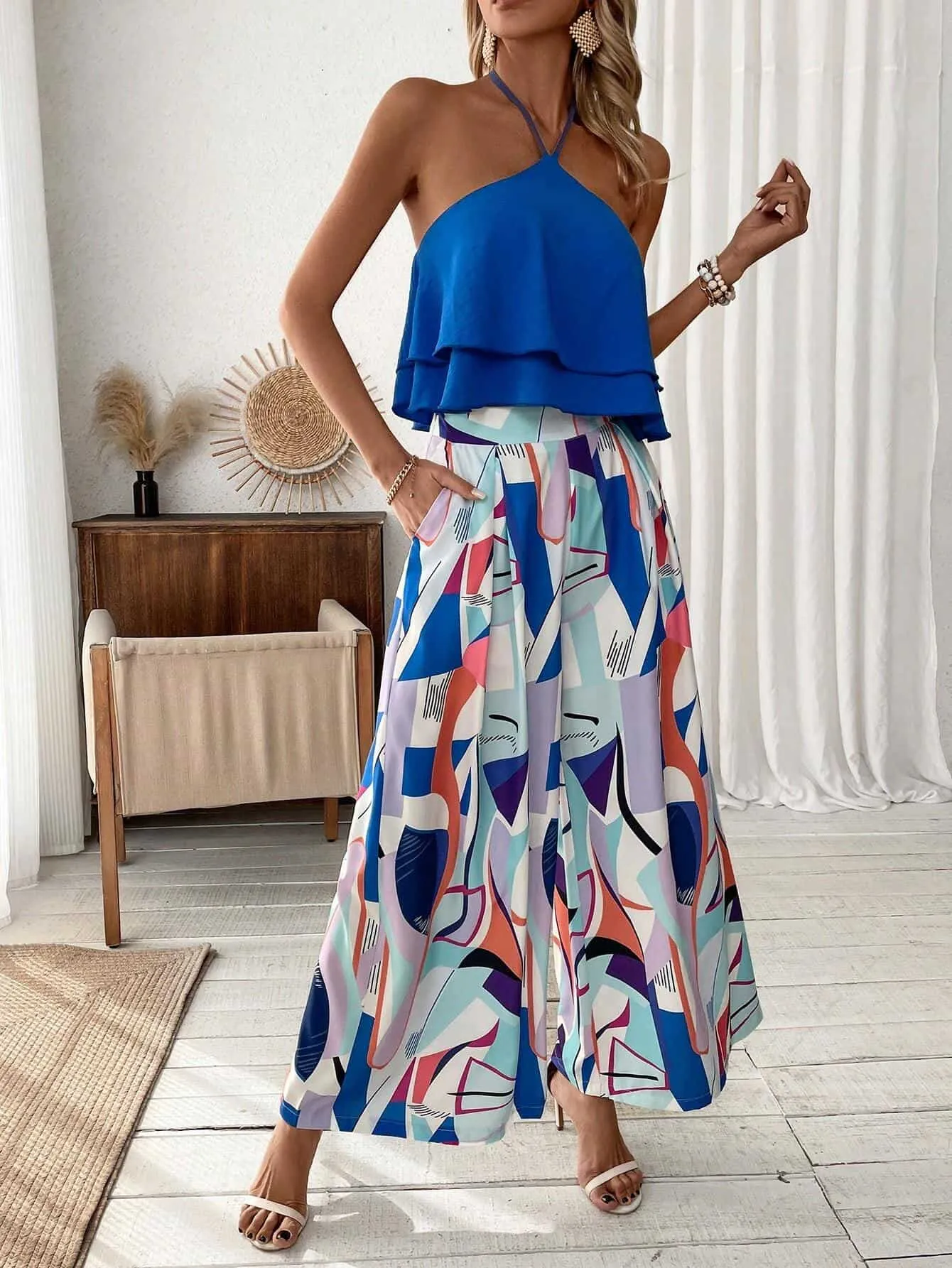 Women’S Halter Top And Full Printed Wide Leg Pants Set