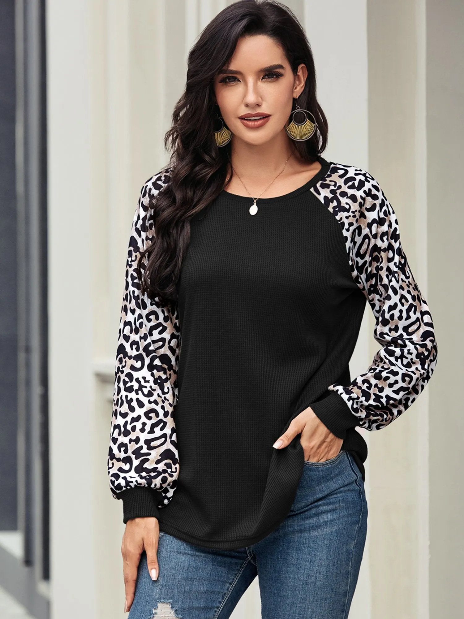 Women's Leopard Printed Long Sleeve Color Block T Shirts Tops