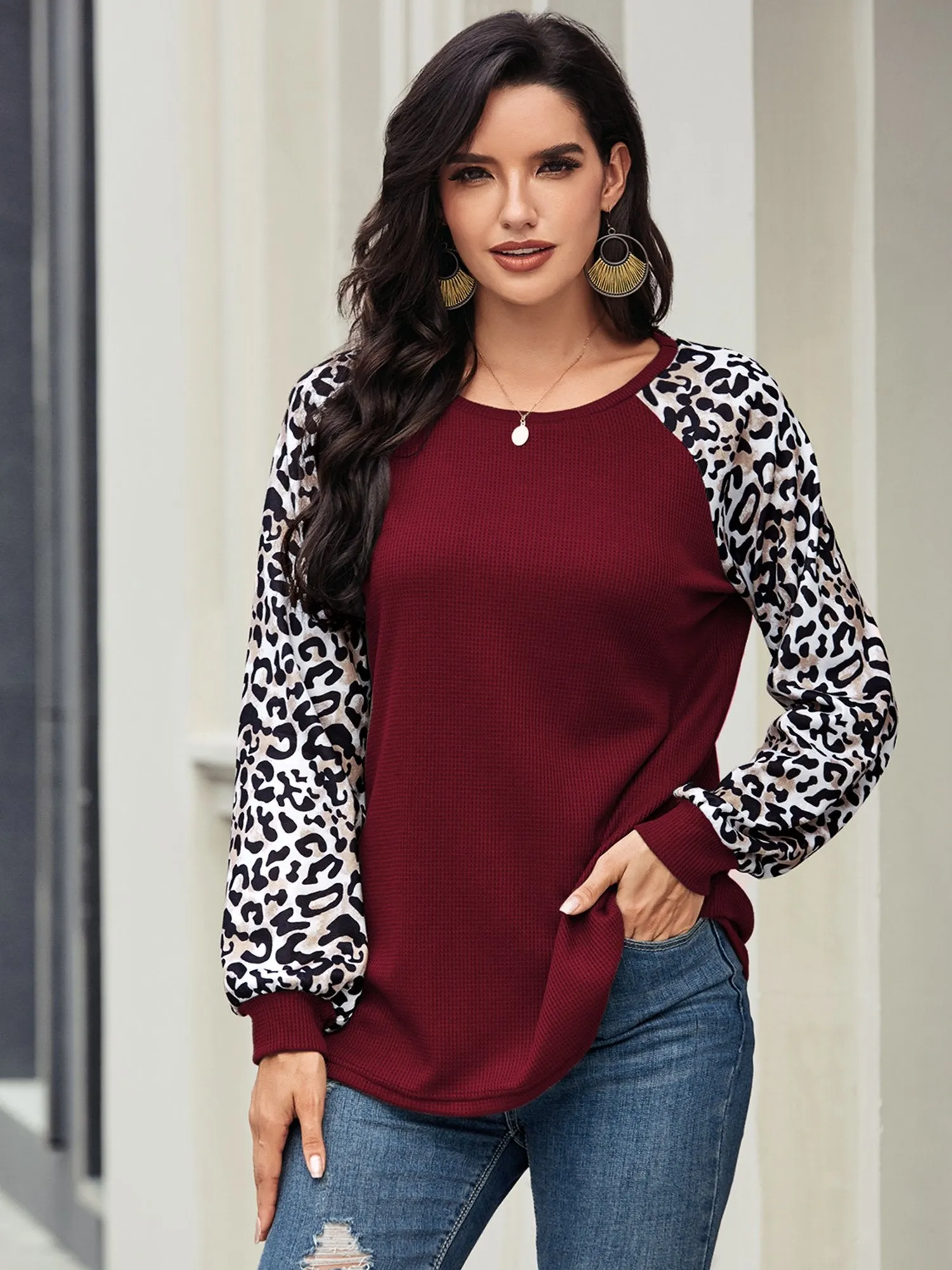 Women's Leopard Printed Long Sleeve Color Block T Shirts Tops