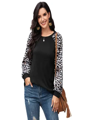 Women's Leopard Printed Long Sleeve Color Block T Shirts Tops