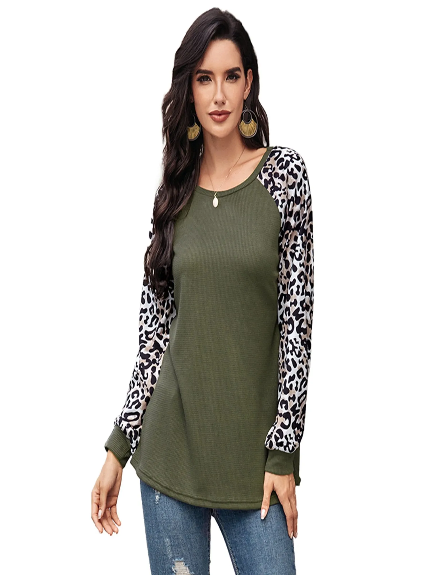 Women's Leopard Printed Long Sleeve Color Block T Shirts Tops