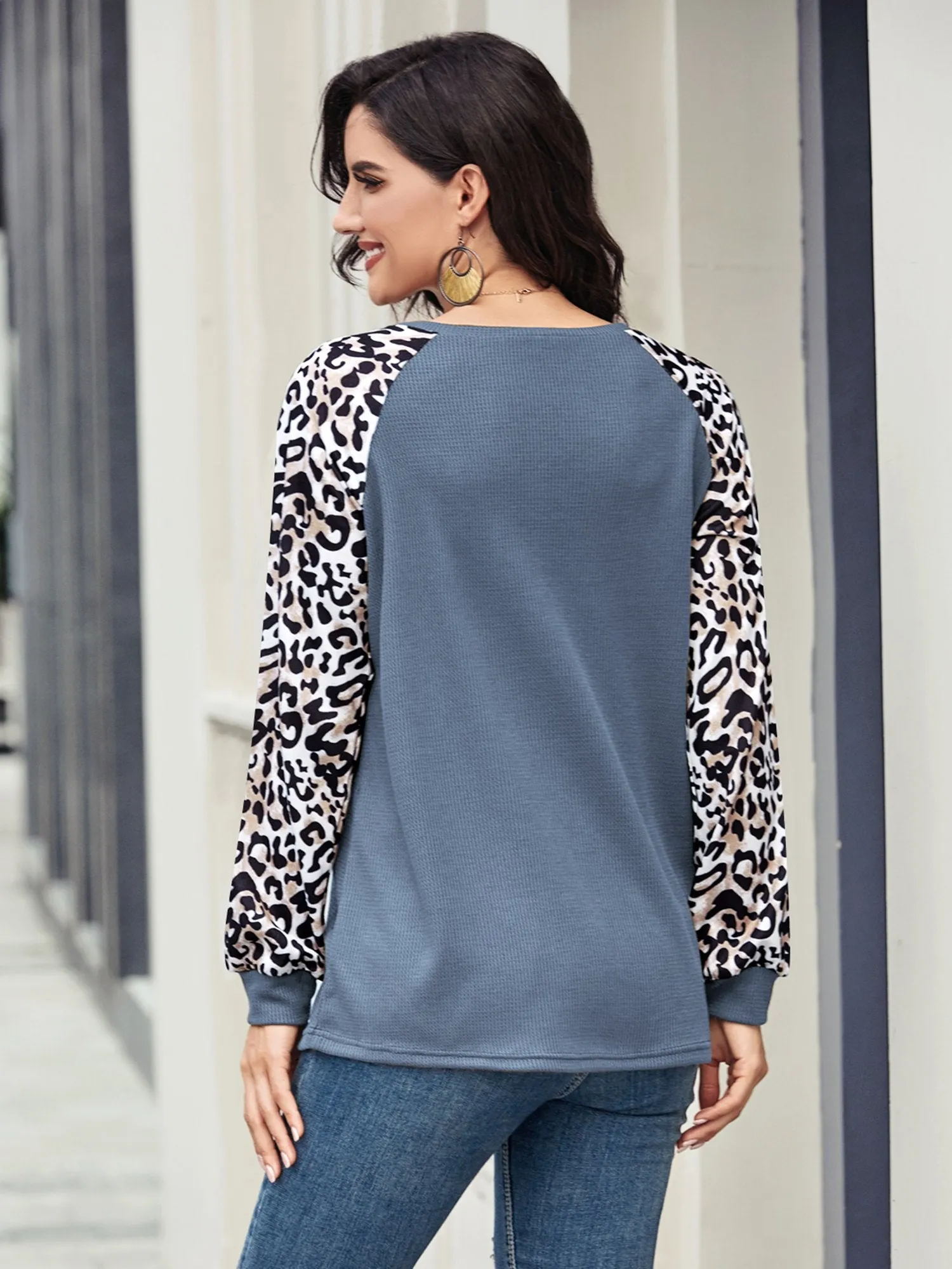 Women's Leopard Printed Long Sleeve Color Block T Shirts Tops