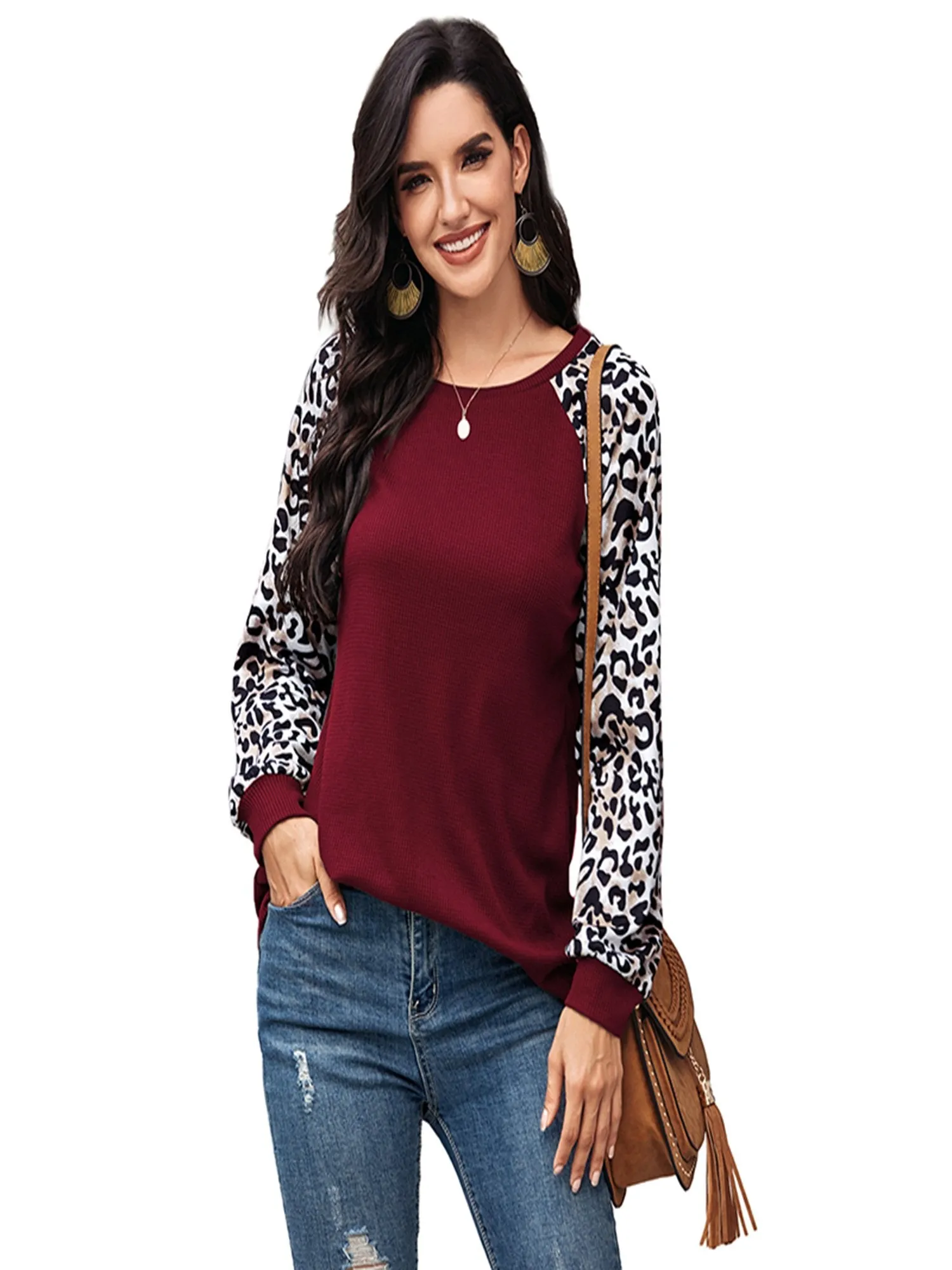 Women's Leopard Printed Long Sleeve Color Block T Shirts Tops