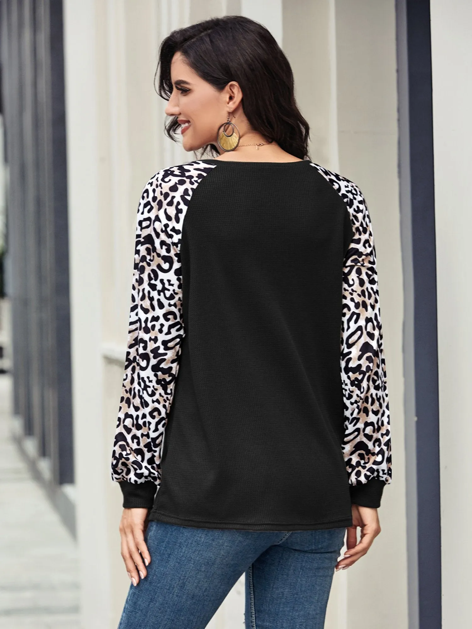 Women's Leopard Printed Long Sleeve Color Block T Shirts Tops