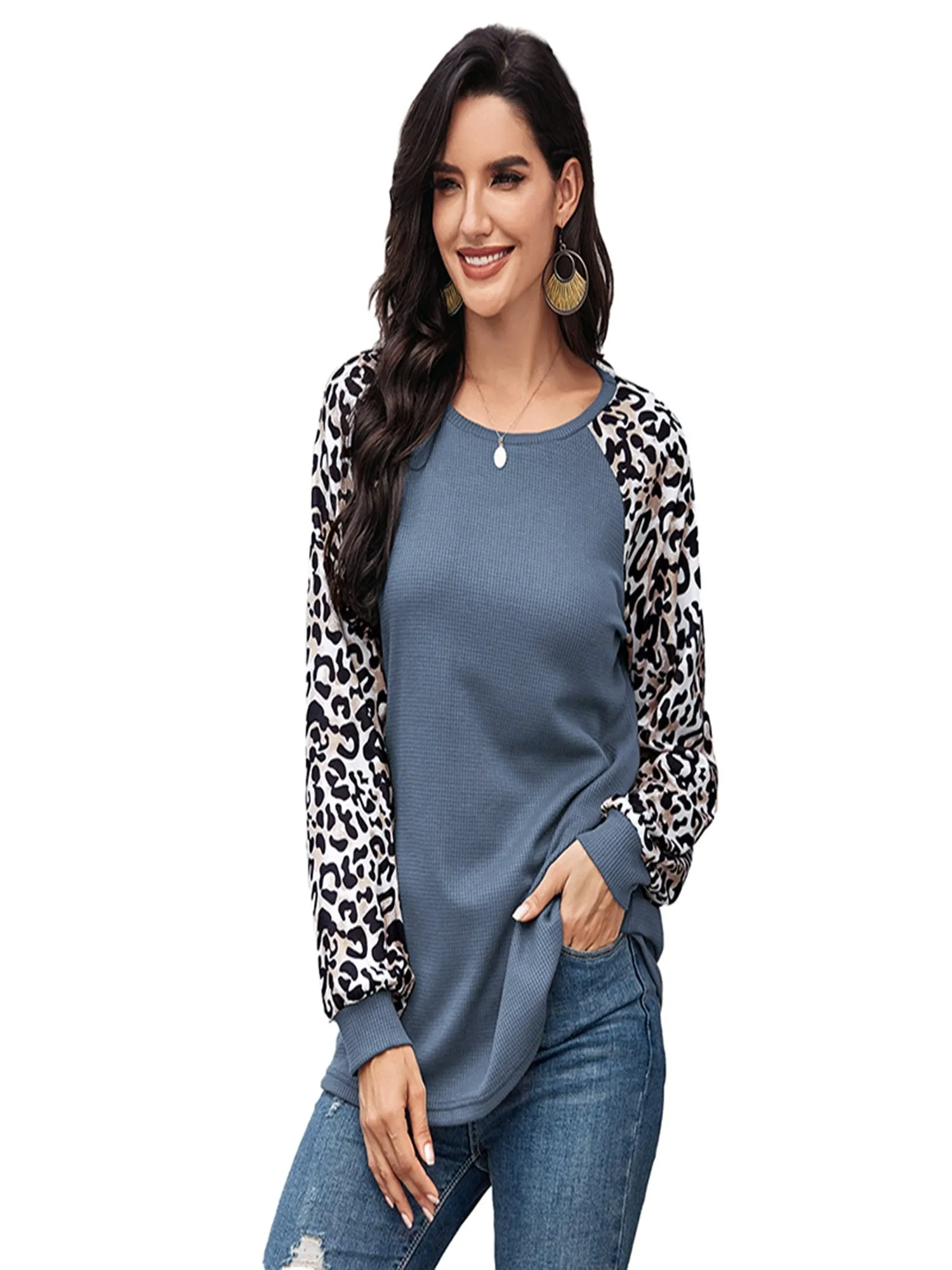 Women's Leopard Printed Long Sleeve Color Block T Shirts Tops