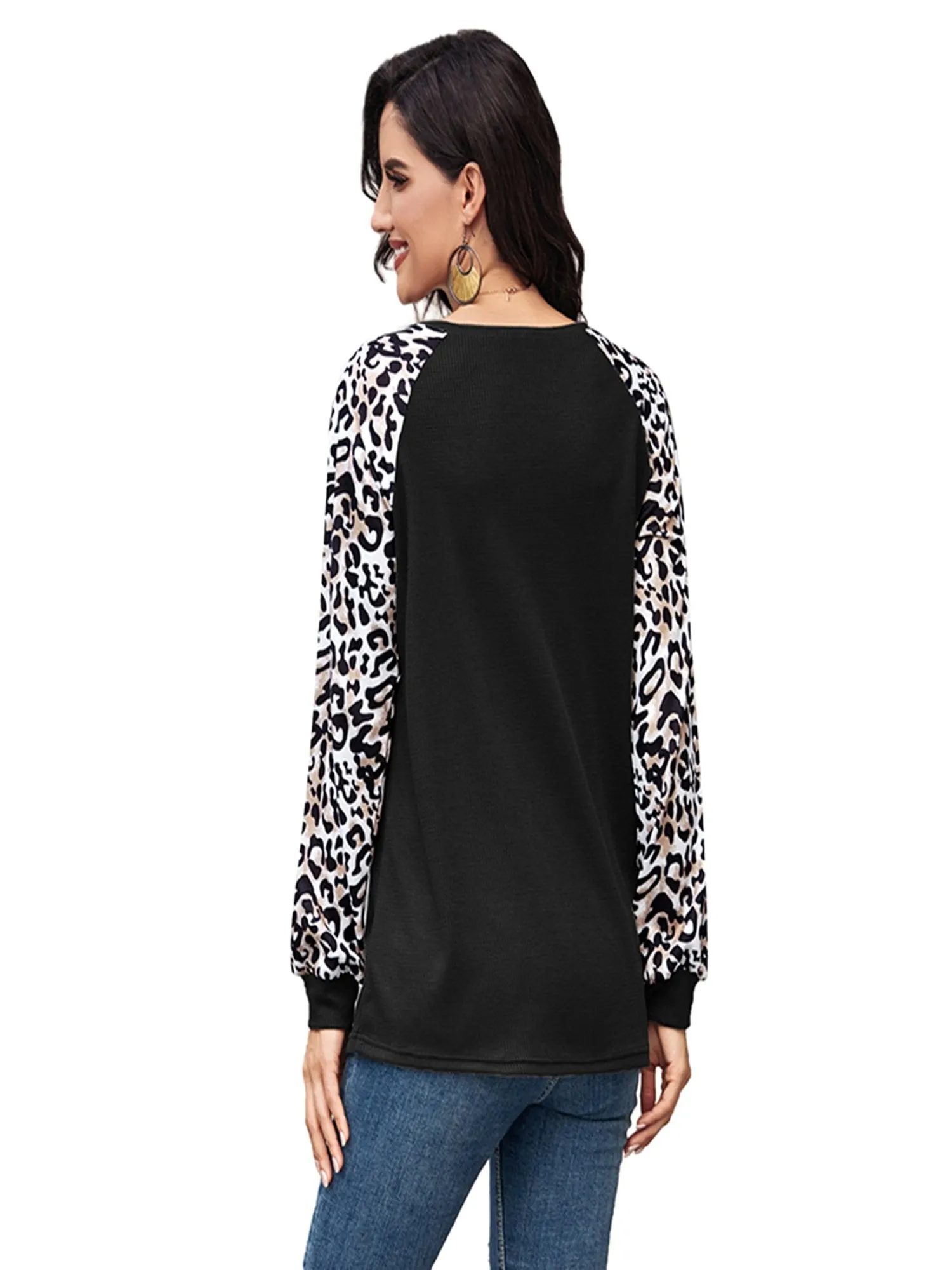 Women's Leopard Printed Long Sleeve Color Block T Shirts Tops