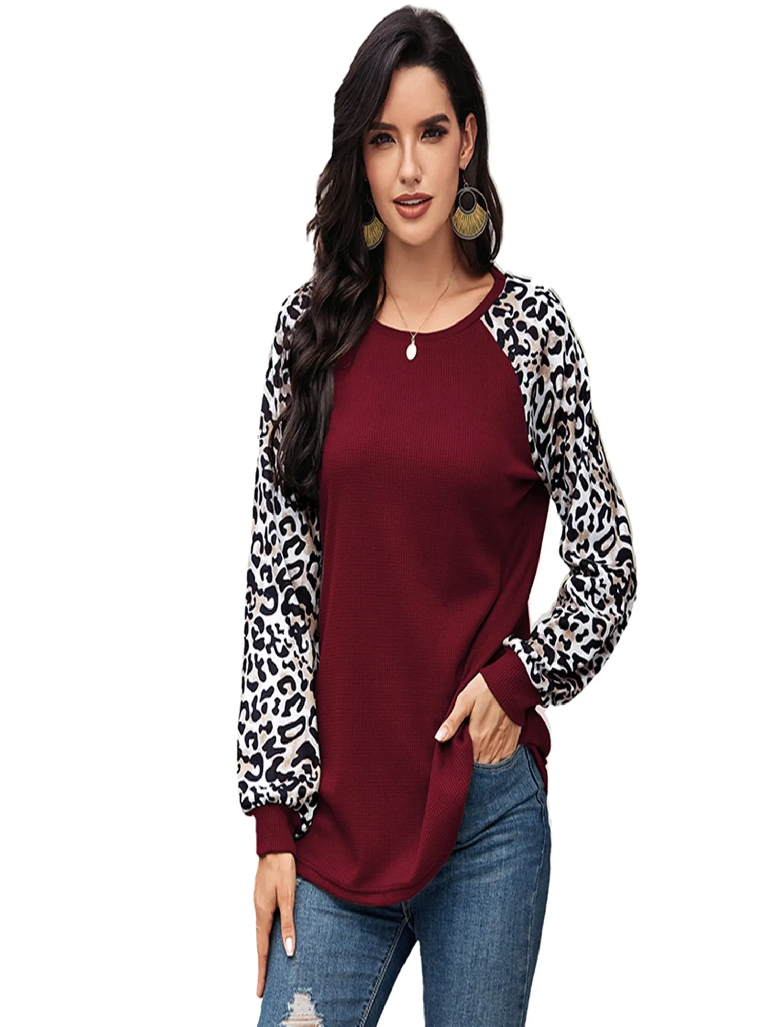 Women's Leopard Printed Long Sleeve Color Block T Shirts Tops
