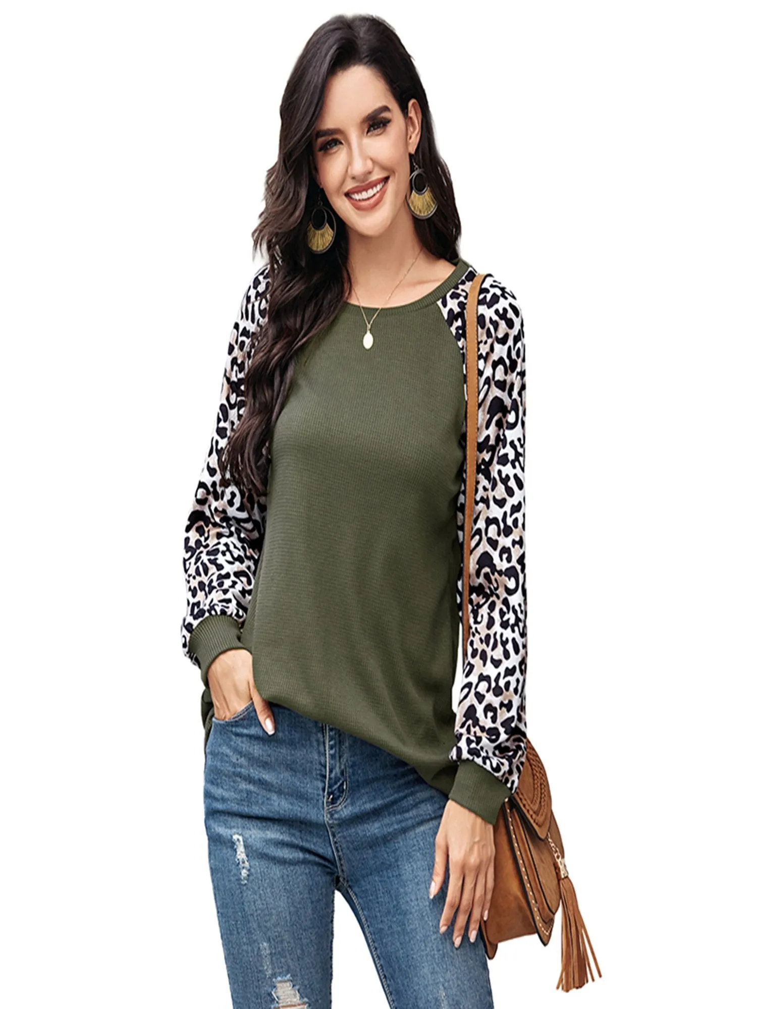 Women's Leopard Printed Long Sleeve Color Block T Shirts Tops