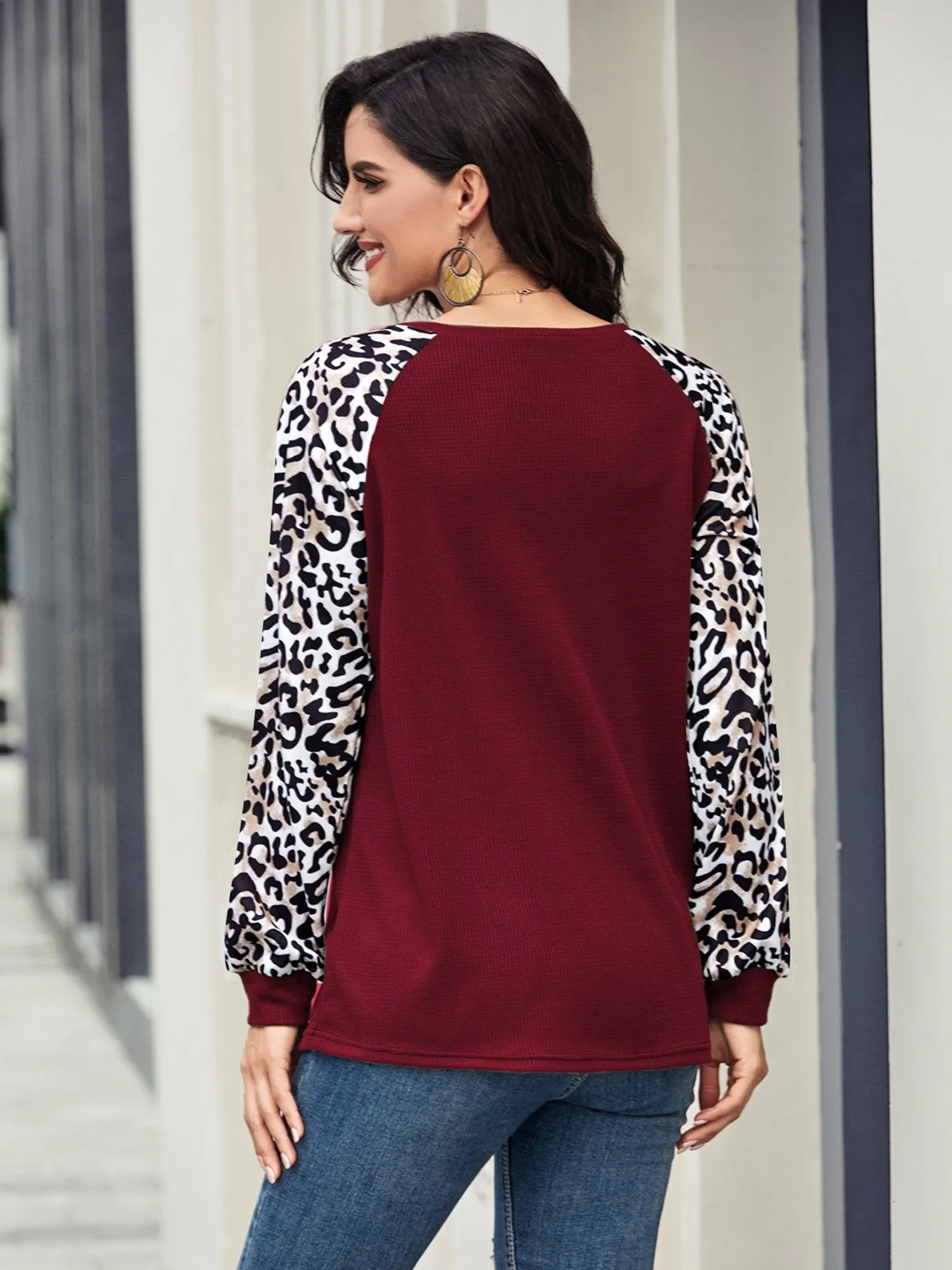 Women's Leopard Printed Long Sleeve Color Block T Shirts Tops