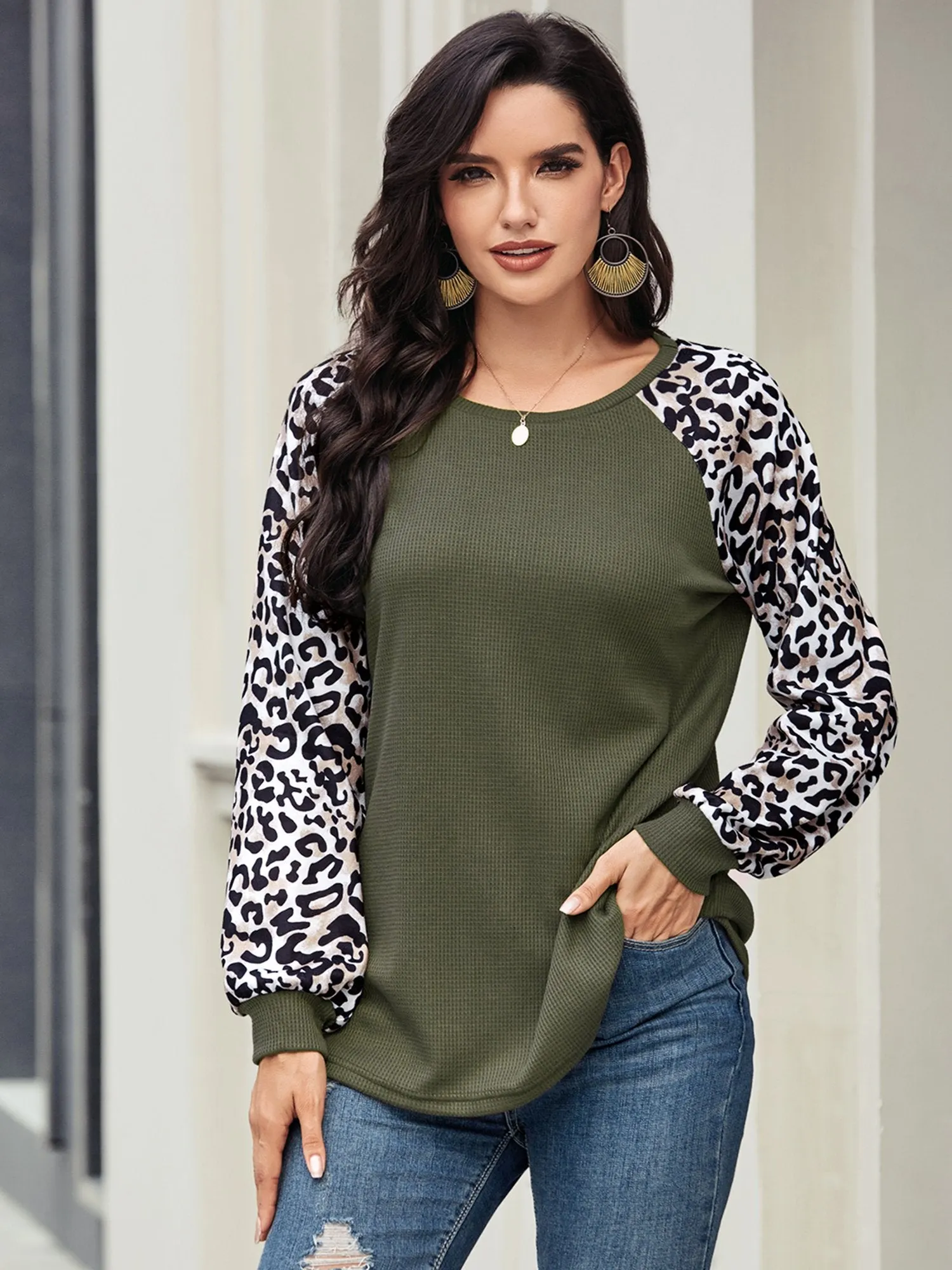 Women's Leopard Printed Long Sleeve Color Block T Shirts Tops