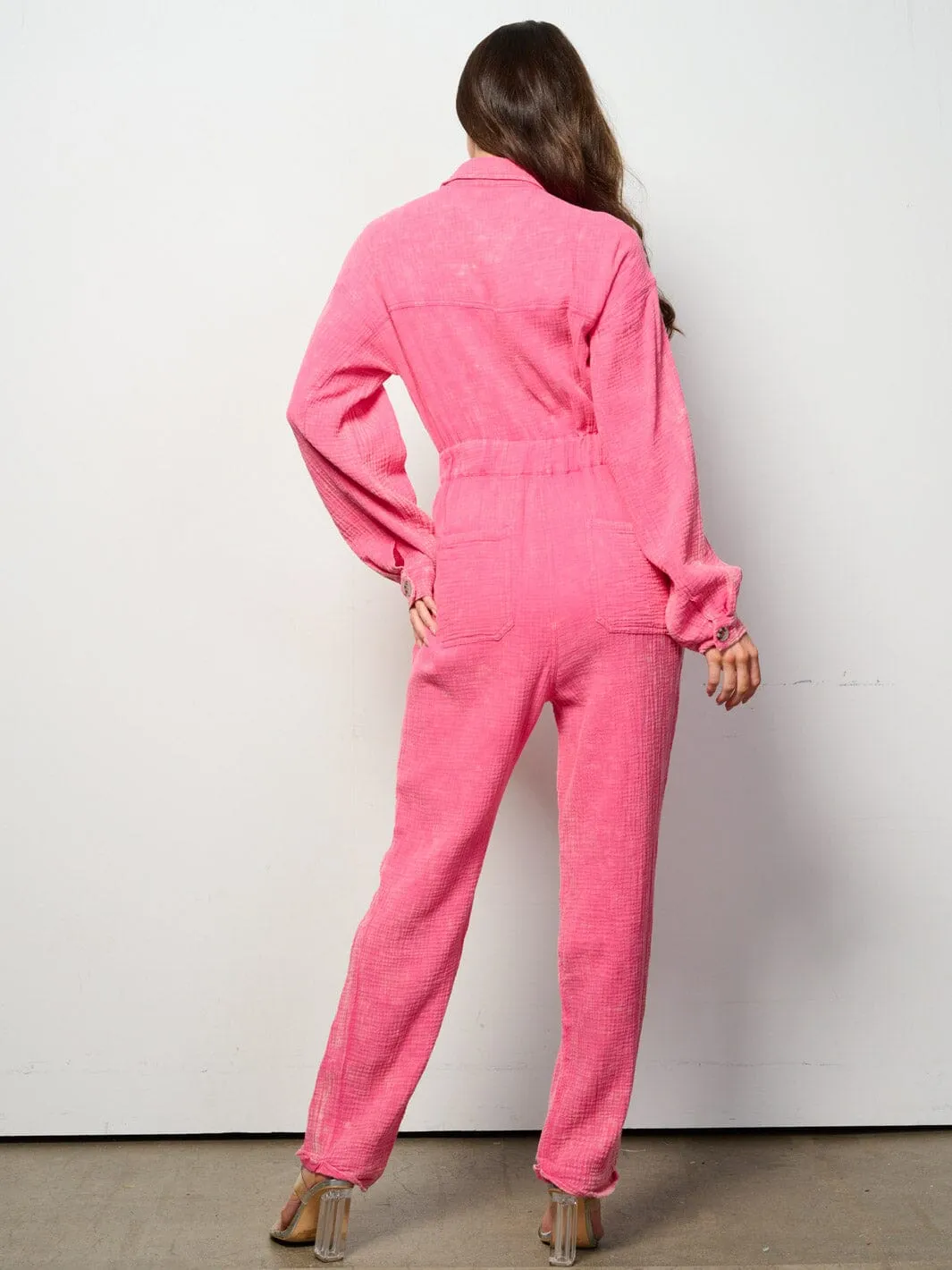 WOMEN'S LONG SLEEVE BUTTON UP POCKETS WASHED JUMPSUIT