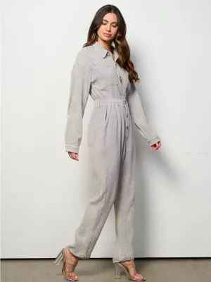 WOMEN'S LONG SLEEVE BUTTON UP POCKETS WASHED JUMPSUIT