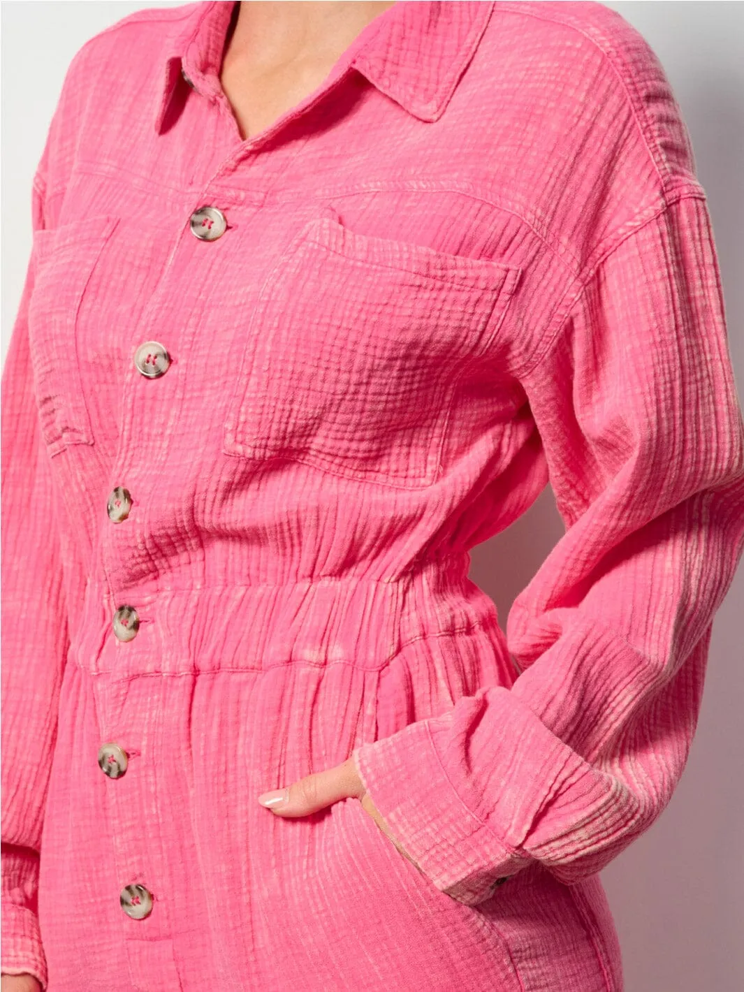 WOMEN'S LONG SLEEVE BUTTON UP POCKETS WASHED JUMPSUIT